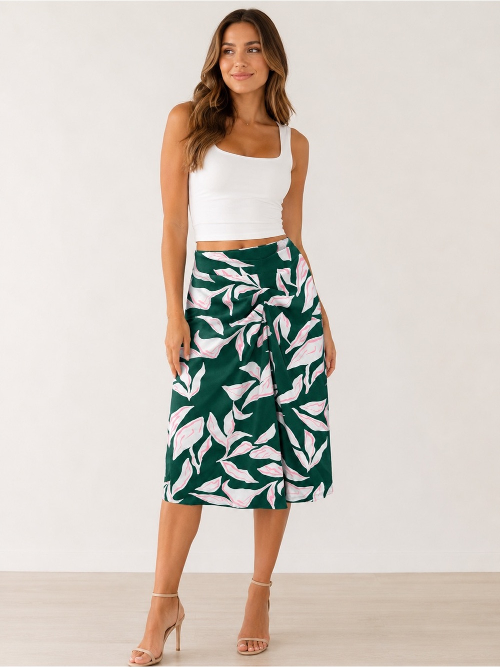 Nine West Green leaf print tropical midi skirt size medium NWT